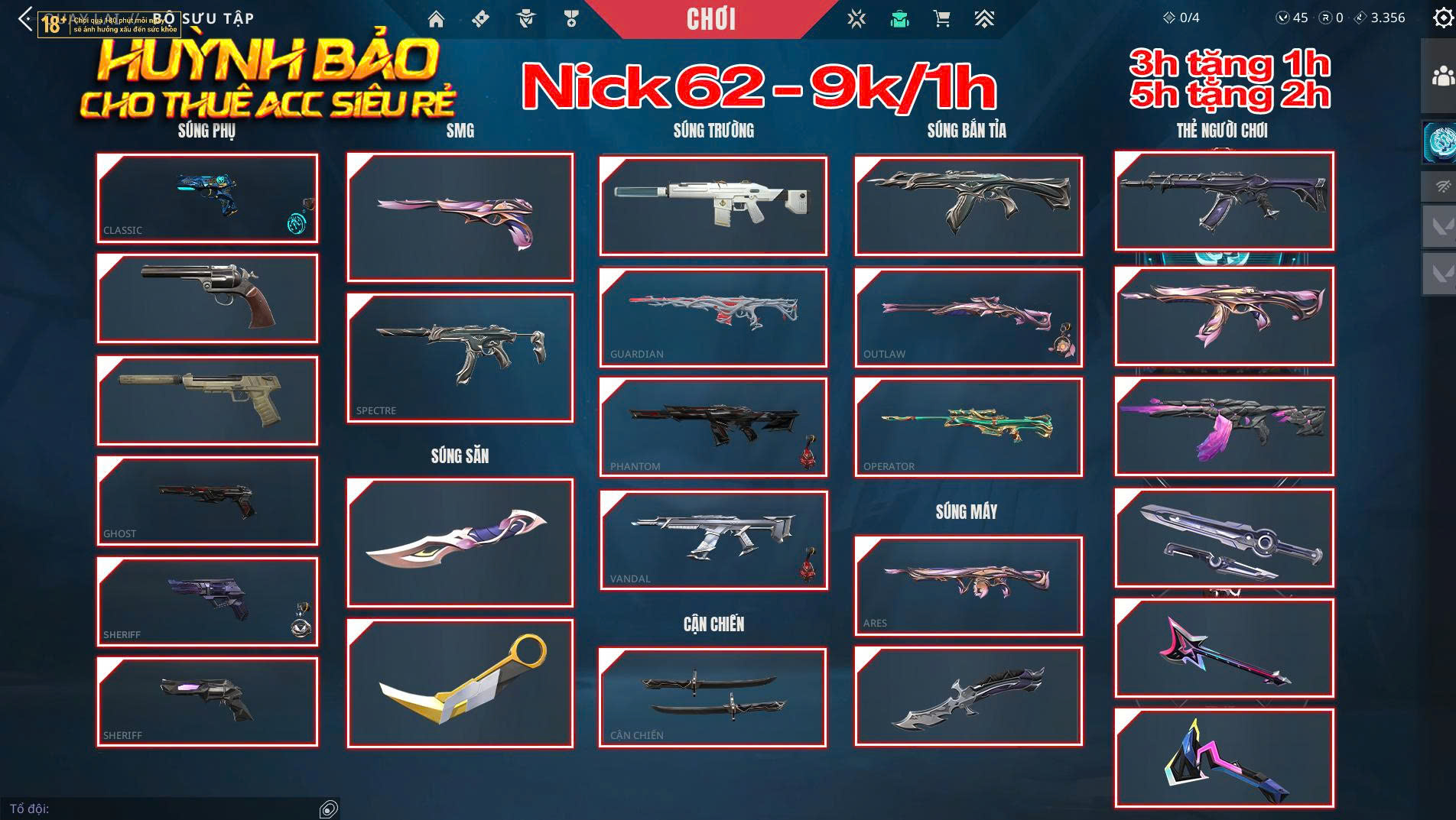 Thuê Account 62 - Thuê Valorant - 99+ Skin -  Mystbloom 2.0 - Reaver 3.0 - Akayashi