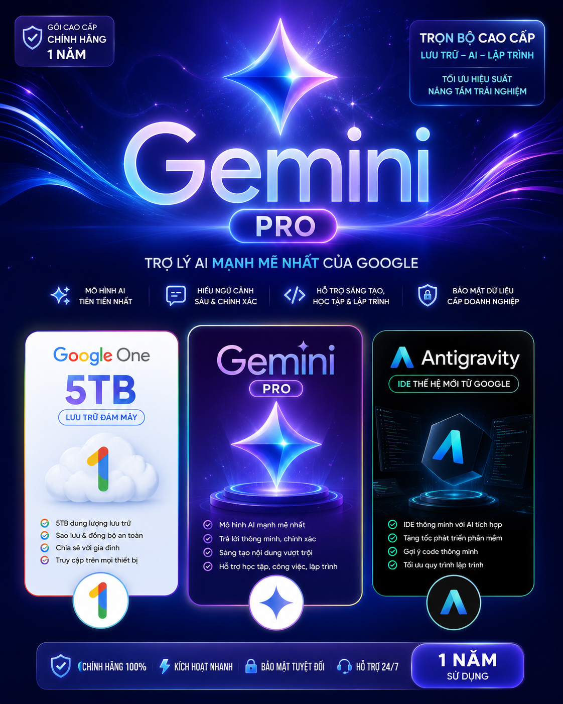 Nâng cấp tài khoản (chính chủ) Gemini Pro 1/3/12 ✔️ Giá rẻ ✔️ Bảo hành