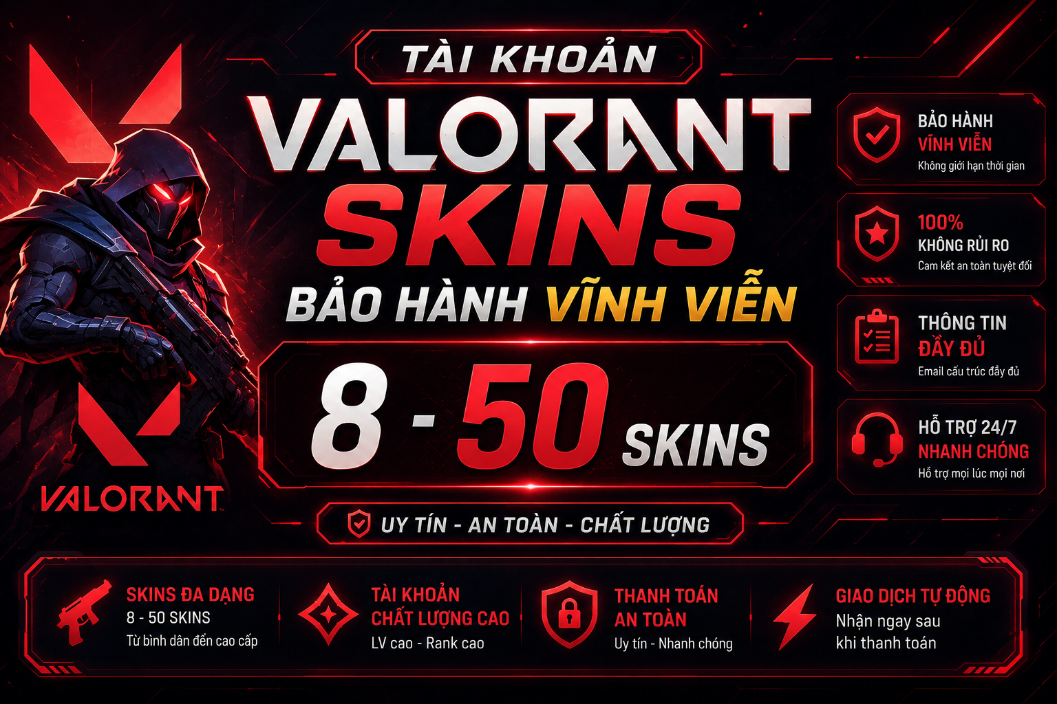 Tài Khoản Valorant Bảo Hành Vĩnh Viễn - 50 skins - Chơi Rank