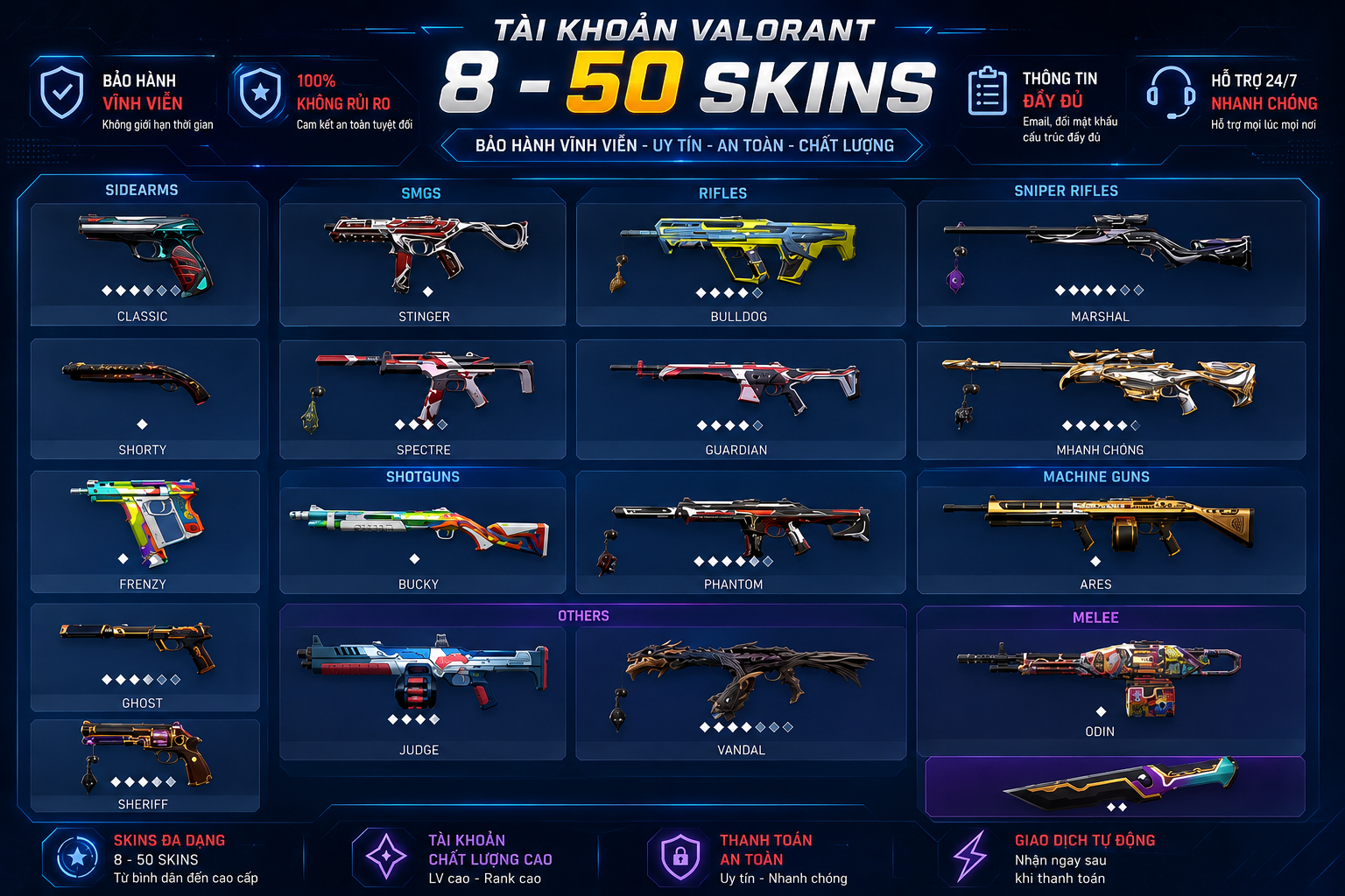 Tài Khoản Valorant Bảo Hành Vĩnh Viễn - 50 skins - Chơi Rank