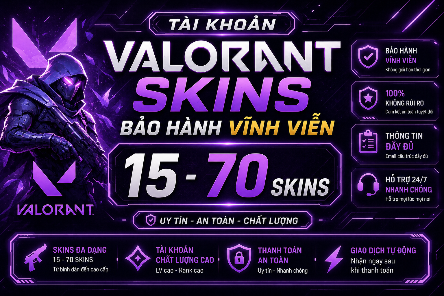 Tài Khoản Valorant Bảo Hành Vĩnh Viễn - 70 skins - Chơi Rank