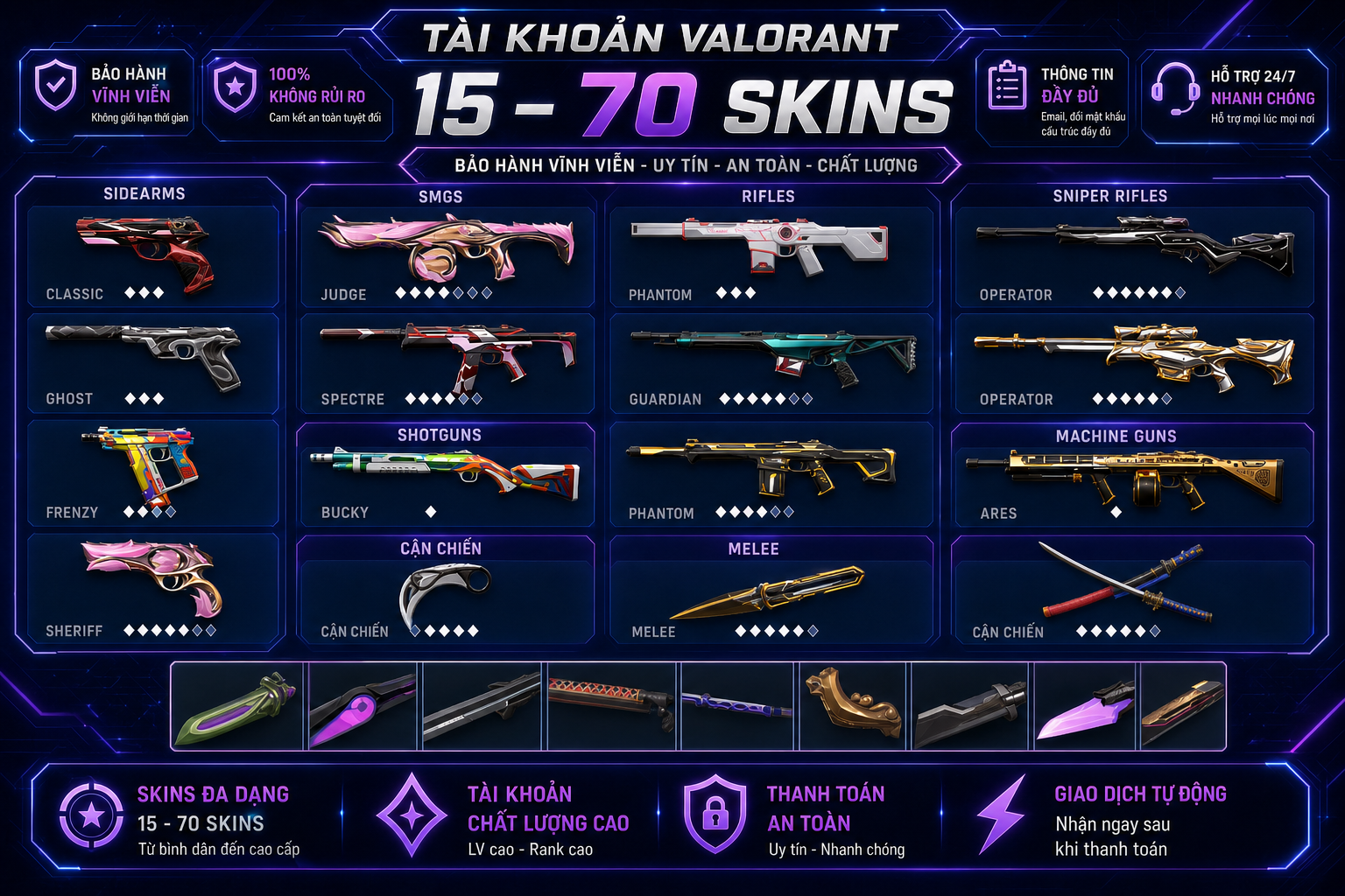 Tài Khoản Valorant Bảo Hành Vĩnh Viễn - 70 skins - Chơi Rank