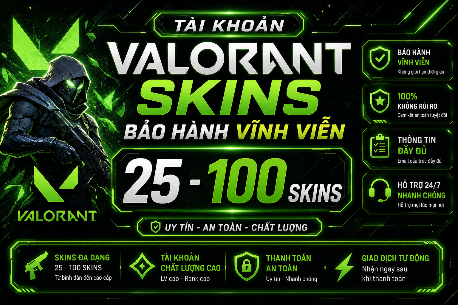 Tài Khoản Valorant Bảo Hành Vĩnh Viễn - 100 skins - Chơi Rank