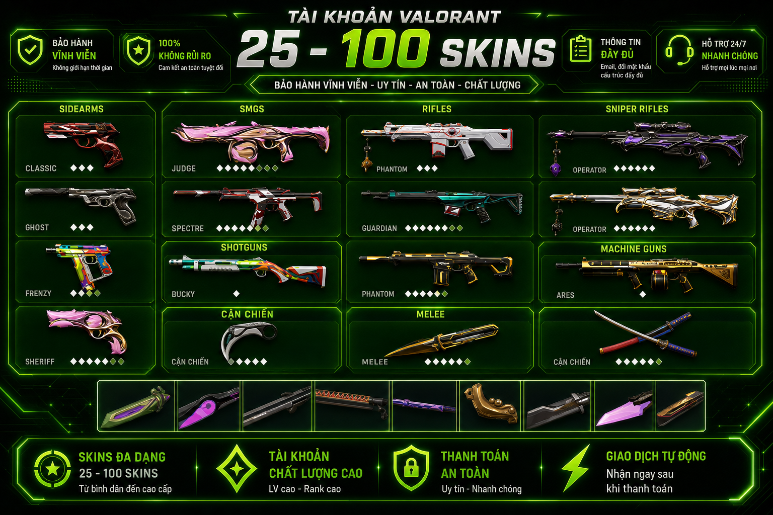 Tài Khoản Valorant Bảo Hành Vĩnh Viễn - 100 skins - Chơi Rank