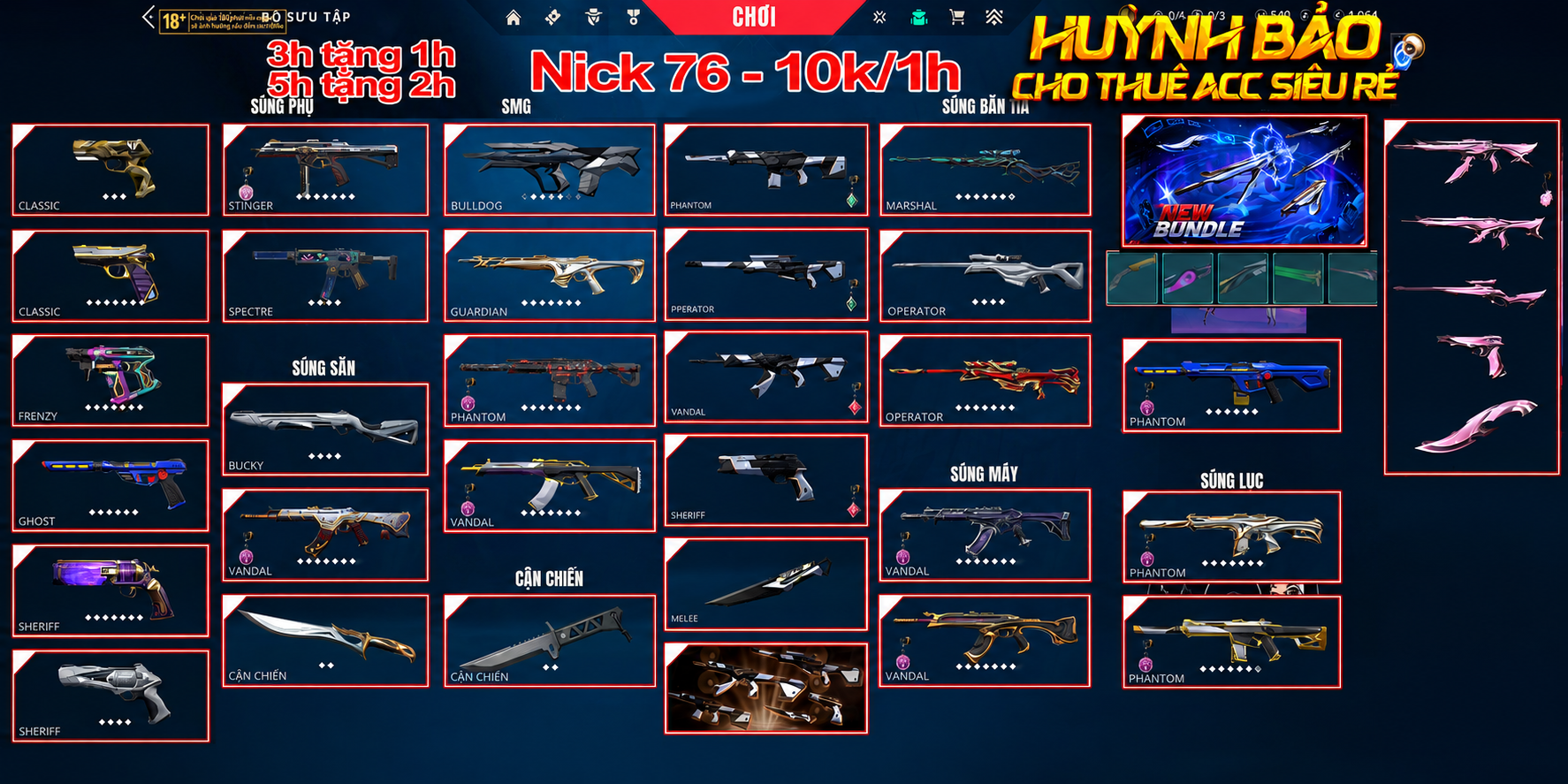 76 - Thuê Acc (Nick) Valorant Có 99+ Skin | BlackThorn + Champion + Kuronami + Aeris 