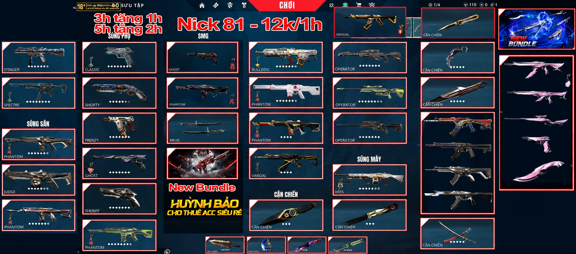 81 - Thuê Acc (Nick) Valorant Có 99+ Skin | BlackThorn + Champion + Kuronami 